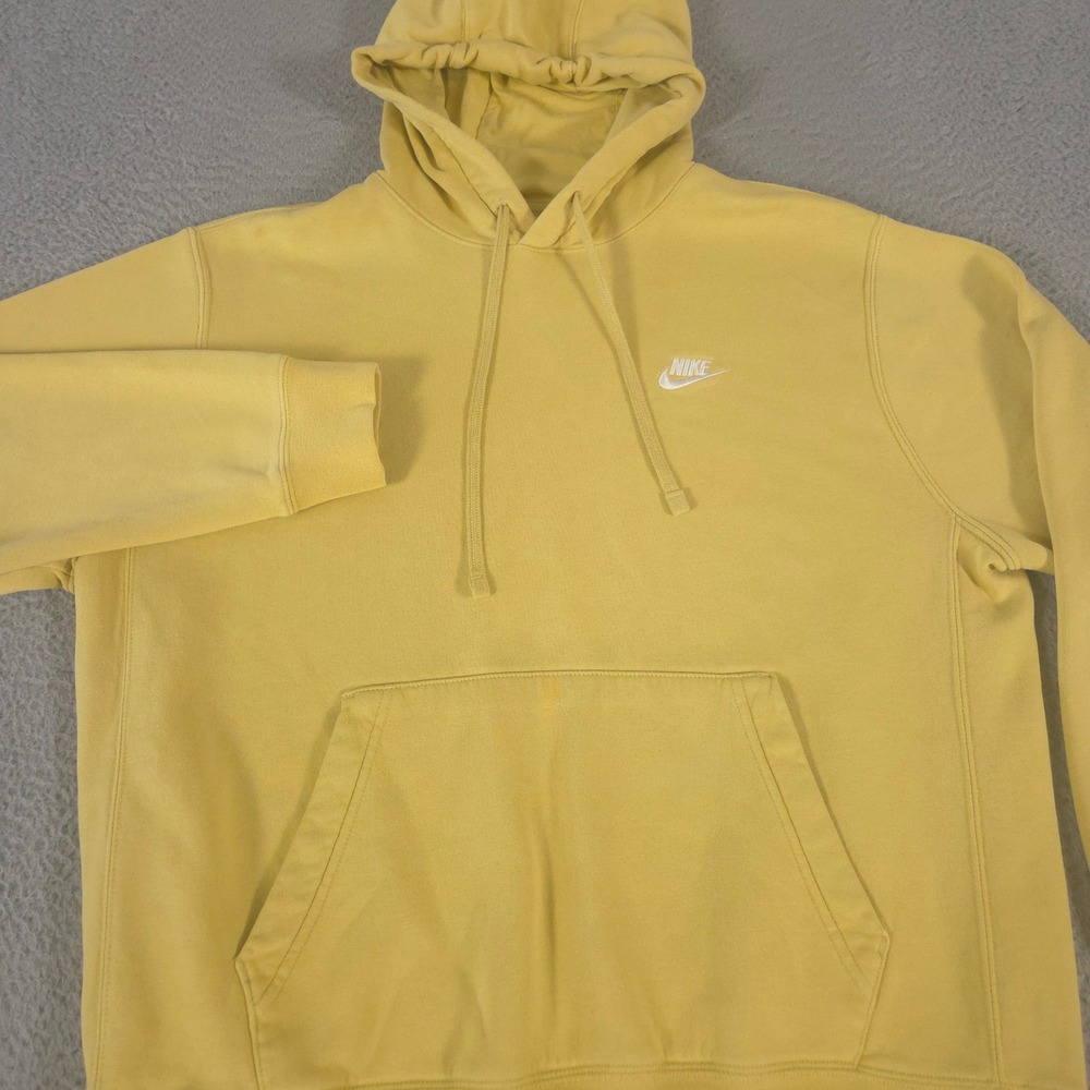 Nike Hoodie Mens Large Yellow Sportswear Club Fleece Embroidered Logo Pullover